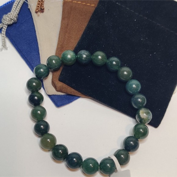 Green Moss Agate Stretch Bracelet 8mm round natural stone w/ felt pouch-B821 - Picture 8 of 12